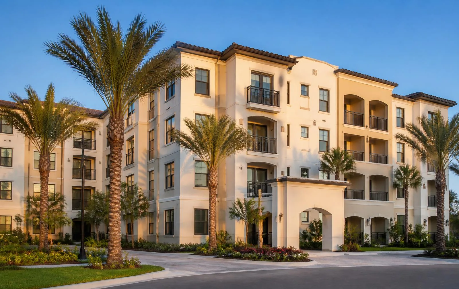 Palm-lined Madison Housing apartment community exterior in Florida