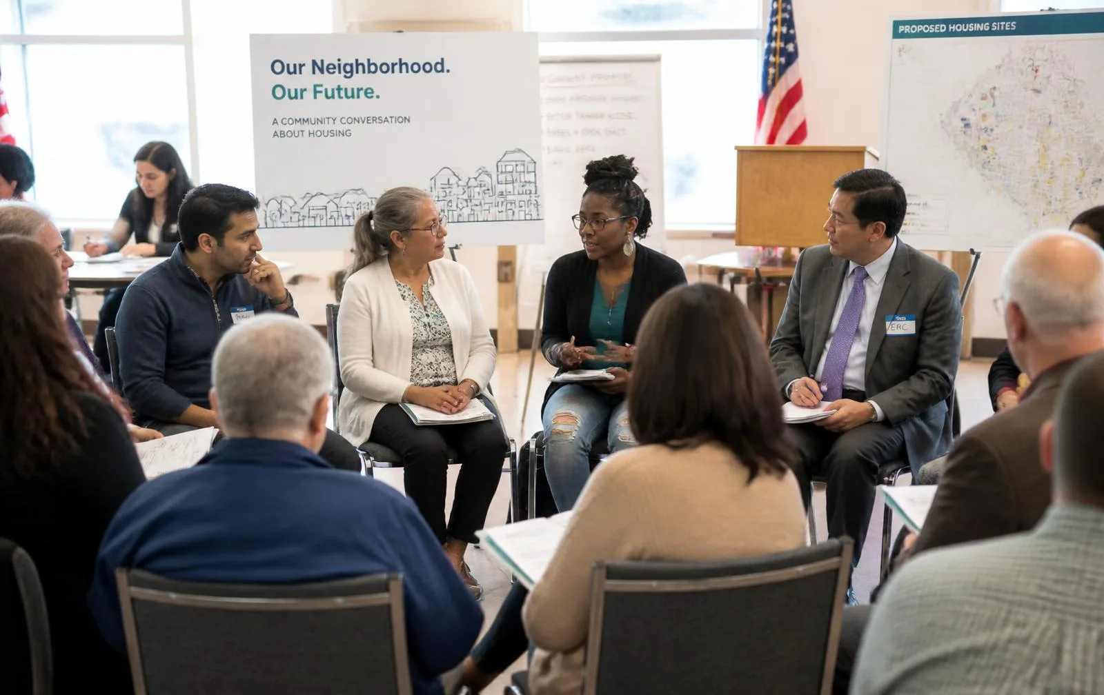 Community members in conversation at a Madison Housing neighborhood meeting