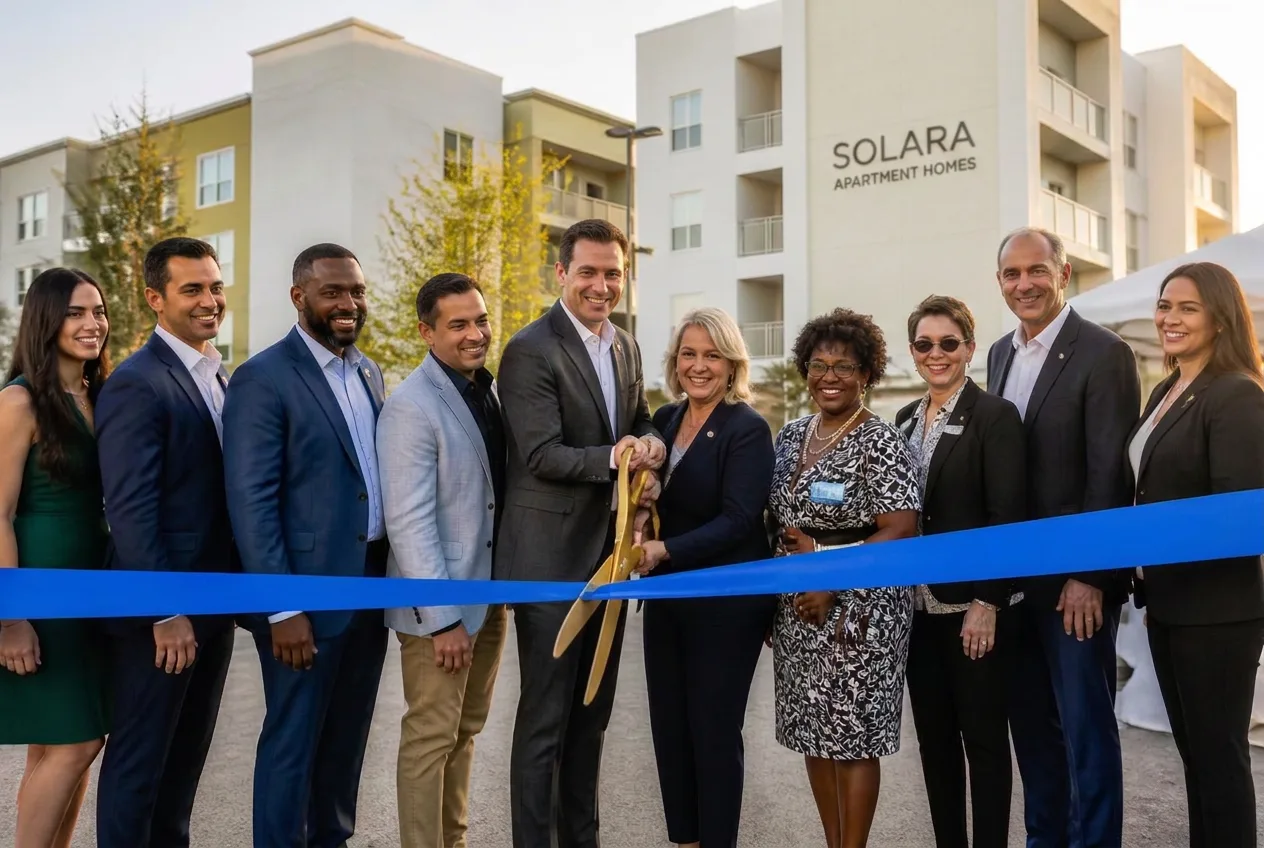 Madison Housing leadership and partners at a ribbon-cutting ceremony